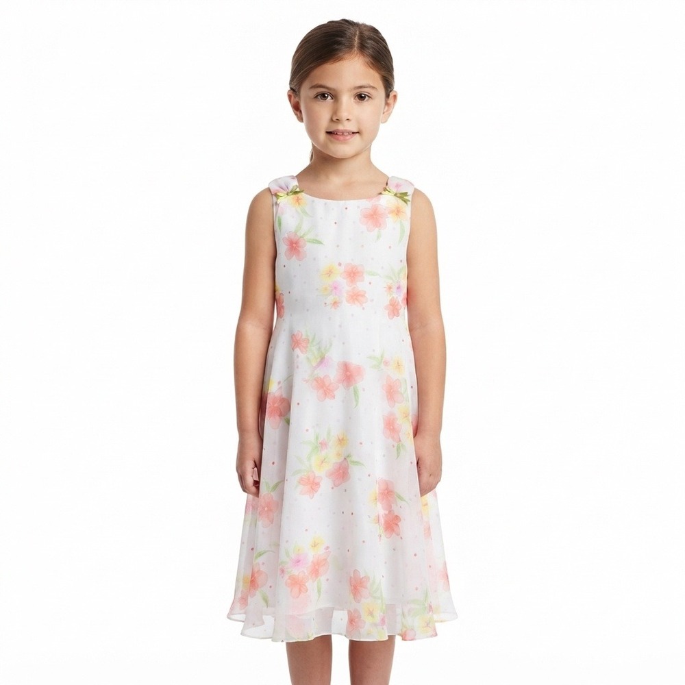 Cherokee Dress Girls XL 16 Floral Chiffon Sleeveless White Pink Yellow Easter